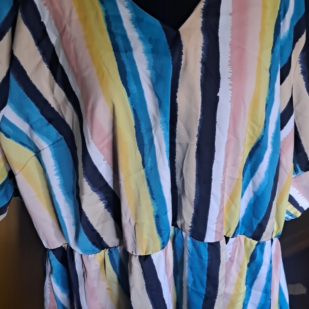 Lane Bryant striped yellow blue & pink  peplum babydoll blouse plus size 28